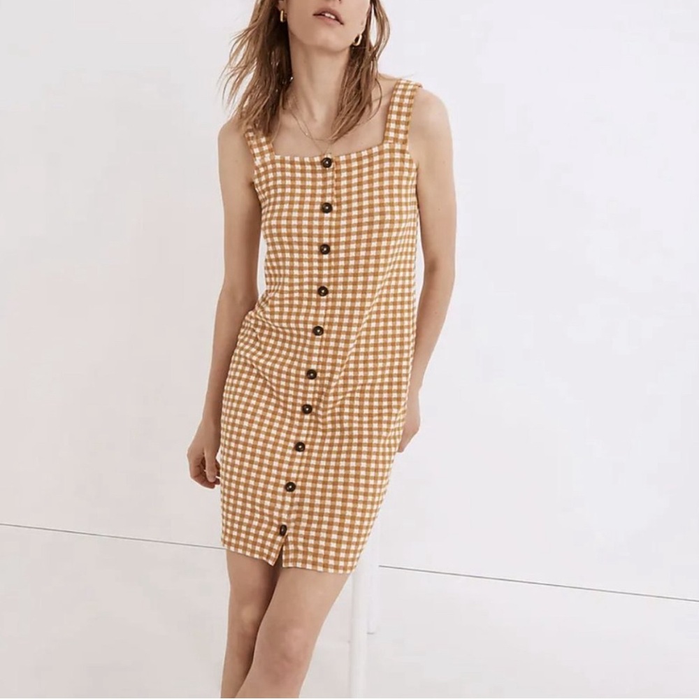 Madewell Mustard Gingham Jacquard Button Front Dress